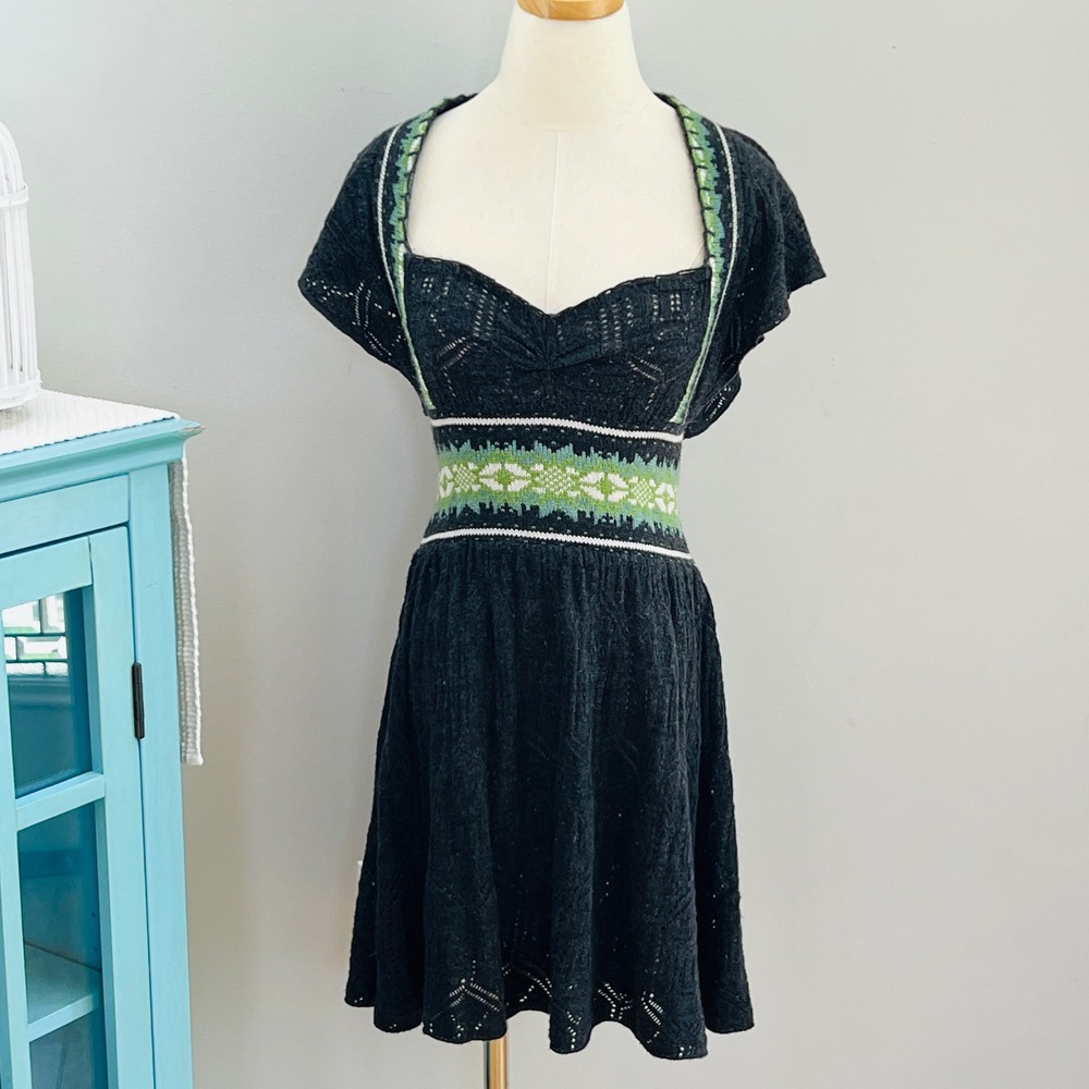Free People Pointelle Knit Mini Dress Gray Green Fair Isle Smocked Waist Small